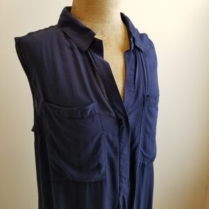 Sleeveless Mixed Material Half Button Blouse
